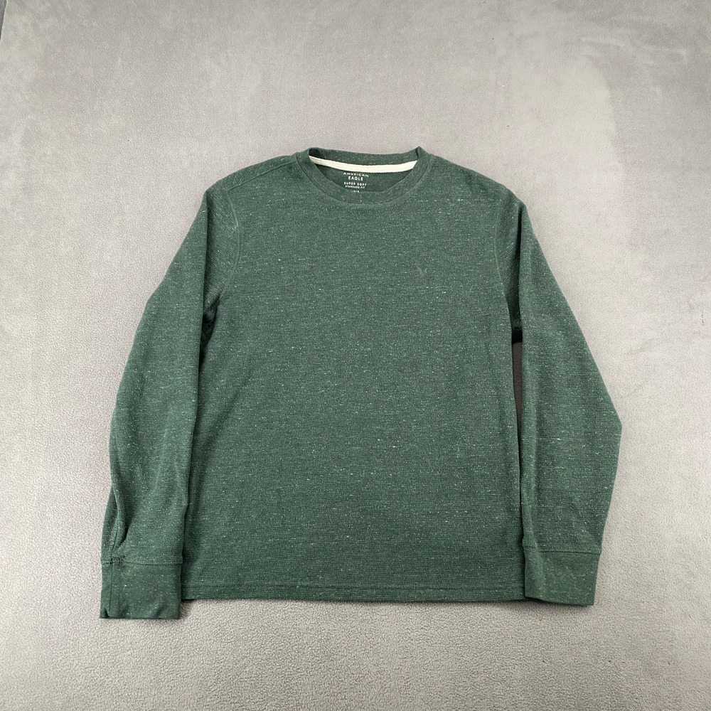 American Eagle Mens Super Soft Thermal Shirt Green Waffle Knit Long Sleeve Large